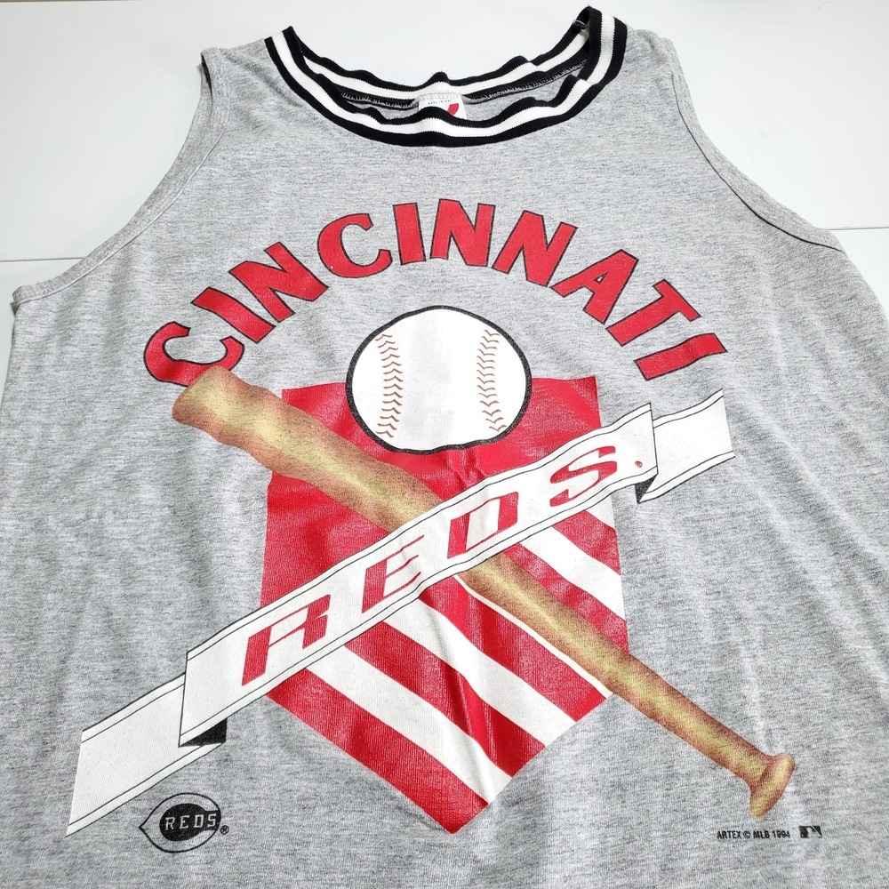 Vintage Cincinnati Reds Mens XL Tank Top Baseball Artex 1994 Made In USA Gray